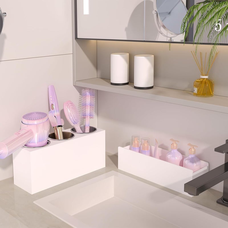 PITBVO Hair Tool Organizer, Detachable Acrylic Hair Dryer Holder for Bathroom, Hair Styling Accessories Curling Iron Hot Tools Organizer with 3 Cups, Countertop Vanity Storage (Matte White) - Image 3